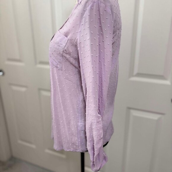 Women's Sheer Lavender Button-Up Blouse with Raised Hearts & Long-Sleeves - Picture 7 of 8